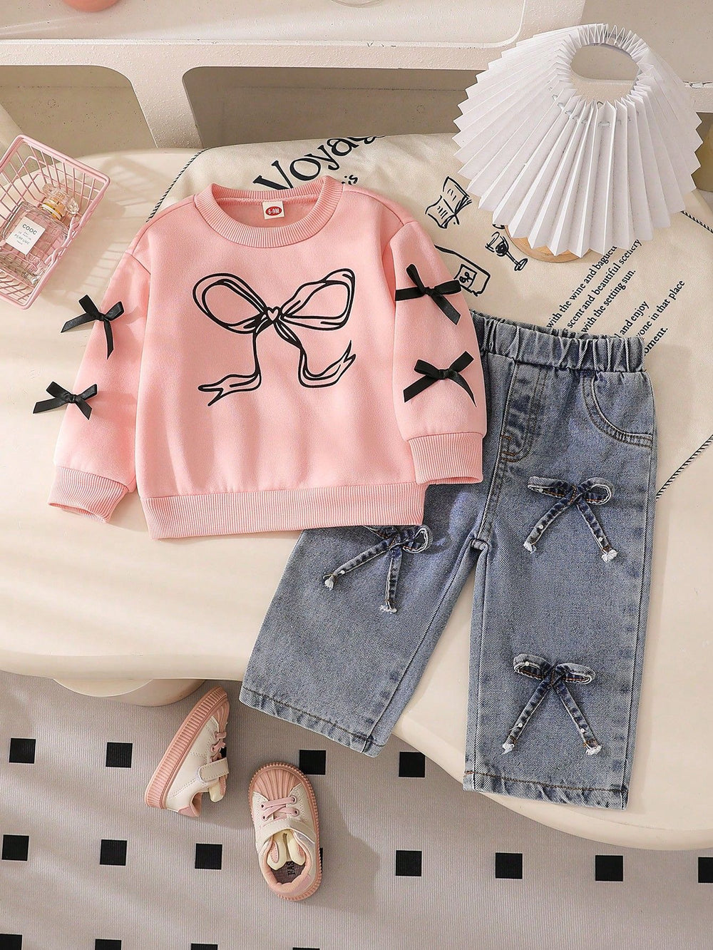 Casual bowknot embroidered black long-sleeve baby sweatshirt and jeans set - girls' two-piece outfit