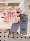 Casual bowknot embroidered black long-sleeve baby sweatshirt and jeans set - girls' two-piece outfit