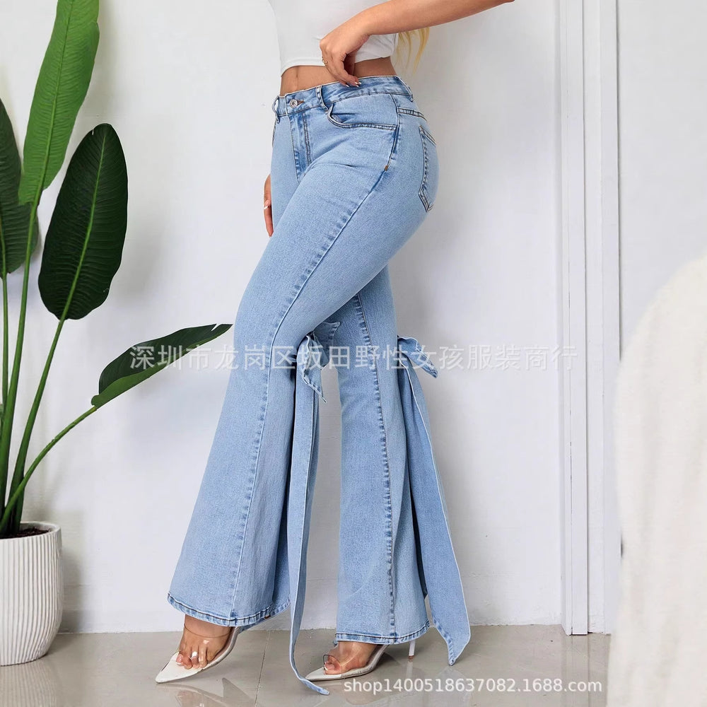 X spot-16065# cross-border european and american retro stereo bow tie slim fit medium stretch floor-length flared denim pants