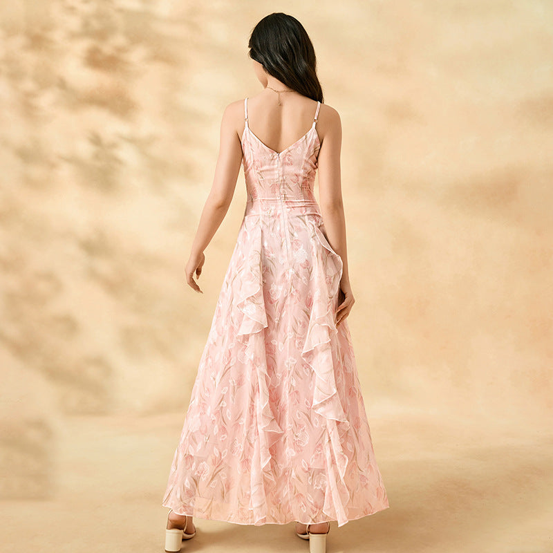 Ready-to-ship cross-border youth apparel: floral chiffon camisole dress, slim-fit plus size women's fashion, elegant and stylish dress