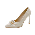 2025 new champagne glitter platform heels - women's chunky sole, comfortable, pointed-toe stiletto wedding shoes