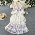 French chic floral slim-fit dress - women's long sleeve v-neck high waist a-line romantique pink plus size maxi dress