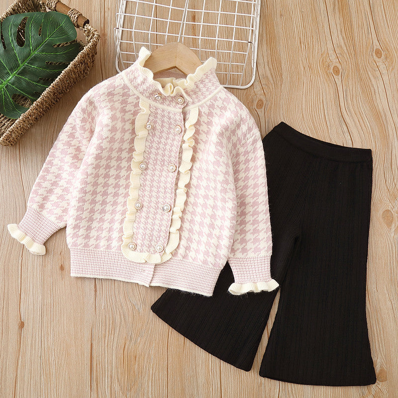 Girls' knitted sweater two-piece set,  autumn/winter new arrival, houndstooth pattern, little girl's cardigan and knit sweater outfit