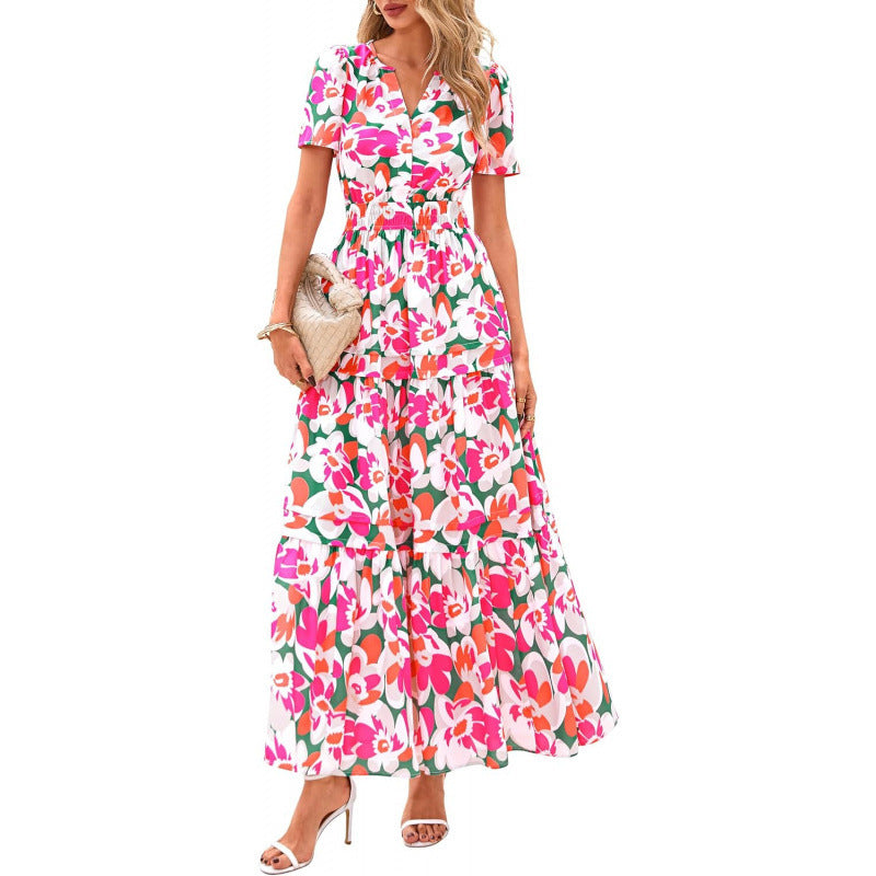 european and american retro floral short-sleeve v-neck dress - women's  summer new arrival a-line flowy vacation dress