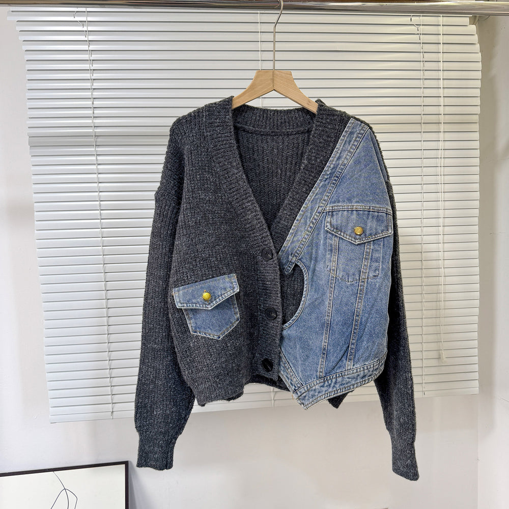 fall/winter new knit & denim patchwork cardigan - irregular design, relaxed fit, trendy women's outerwear