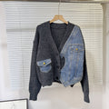 fall/winter new knit & denim patchwork cardigan - irregular design, relaxed fit, trendy women's outerwear