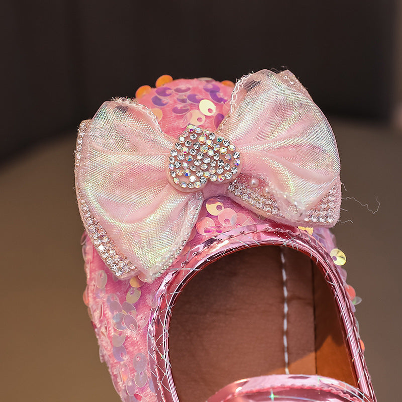 Girls'  spring new collection: sparkling soft-soled princess leather shoes for mid-to-large children - wholesale direct from the manufacturer, featuring hook-and-loop fasteners