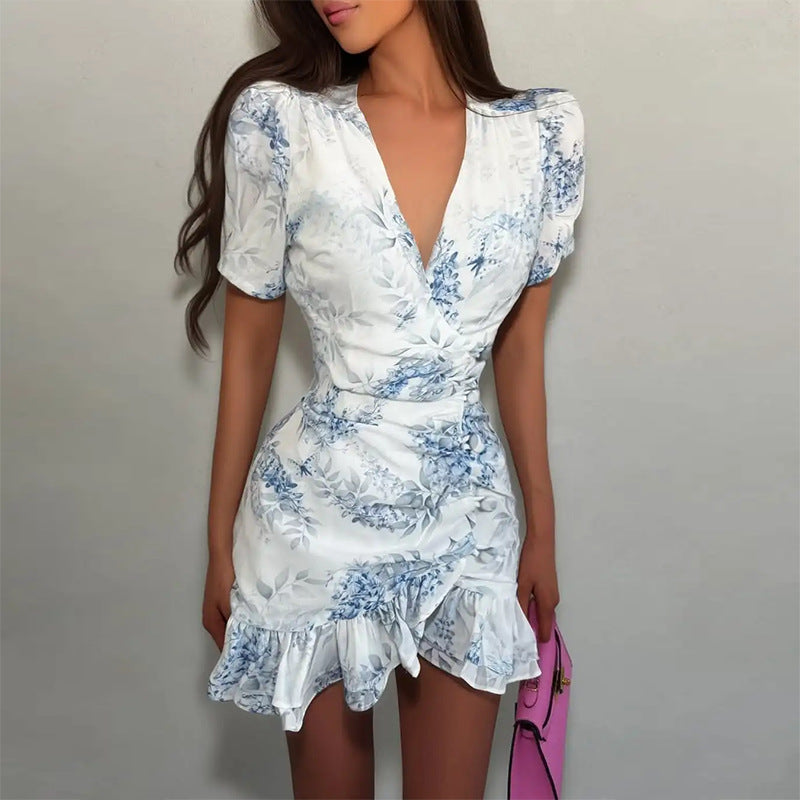 summer new arrivals: cross-border fashion women's dress - sweet & fresh v-neck printed dress with ruffle trim