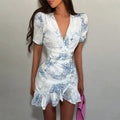 summer new arrivals: cross-border fashion women's dress - sweet & fresh v-neck printed dress with ruffle trim