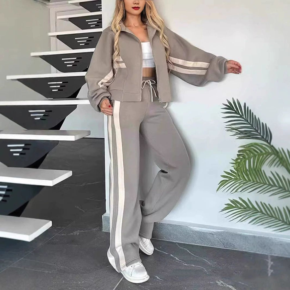 european and american cross-border   fashion color block new two-piece set spring/autumn women's casual activewear set