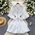 French retro bubble sleeve shirt dress with tie-waist and tulle detail – a unique and exquisite mid-length dress
