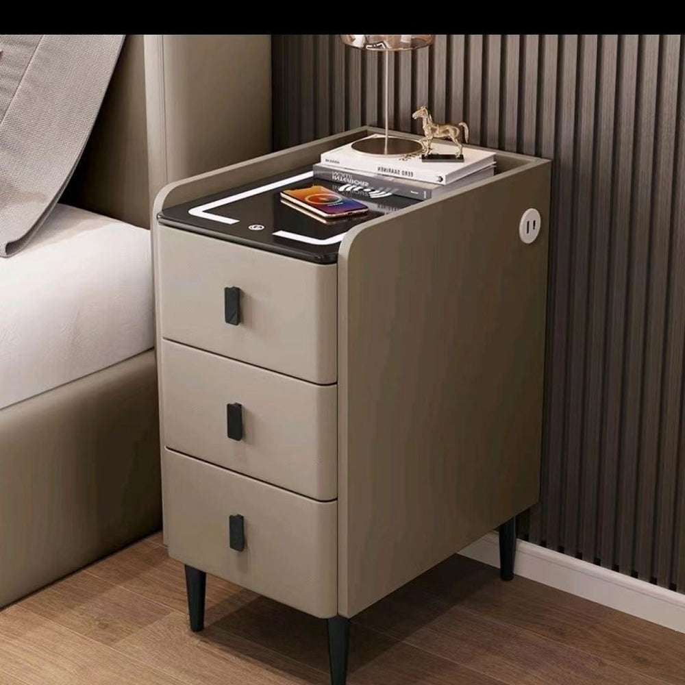 Ultra-narrow solid wood nightstand - modern minimalist, light luxury, multifunctional smart wireless charging bedside table for bedroom