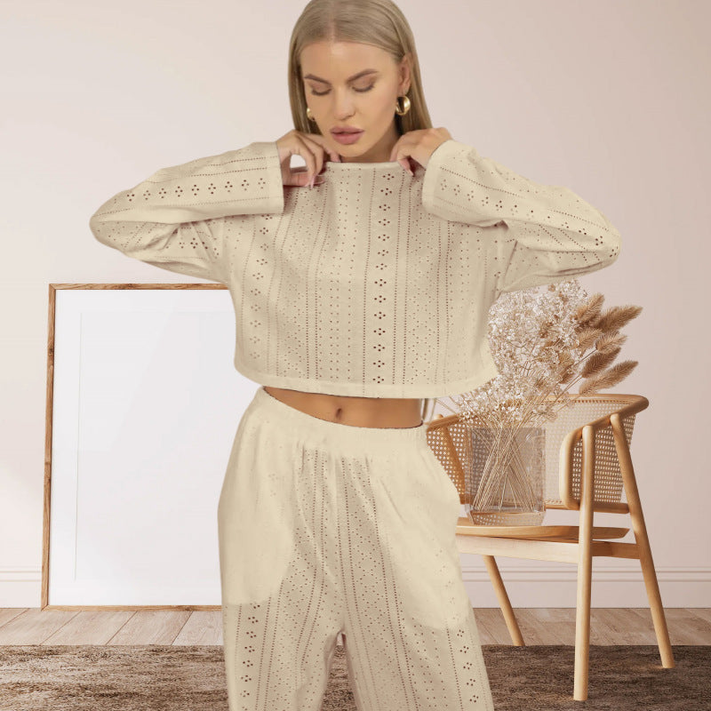 Cross-border 2024 spring and summer European and American women's suits are fashionable, simple, slim, loose pullover, long sleeves and trousers, home furnishing