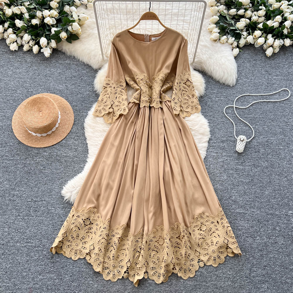 French court style three-quarter sleeve dress - women's summer mesh hollow-out crochet design, elegant flowy maxi dress