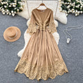 French court style three-quarter sleeve dress - women's summer mesh hollow-out crochet design, elegant flowy maxi dress
