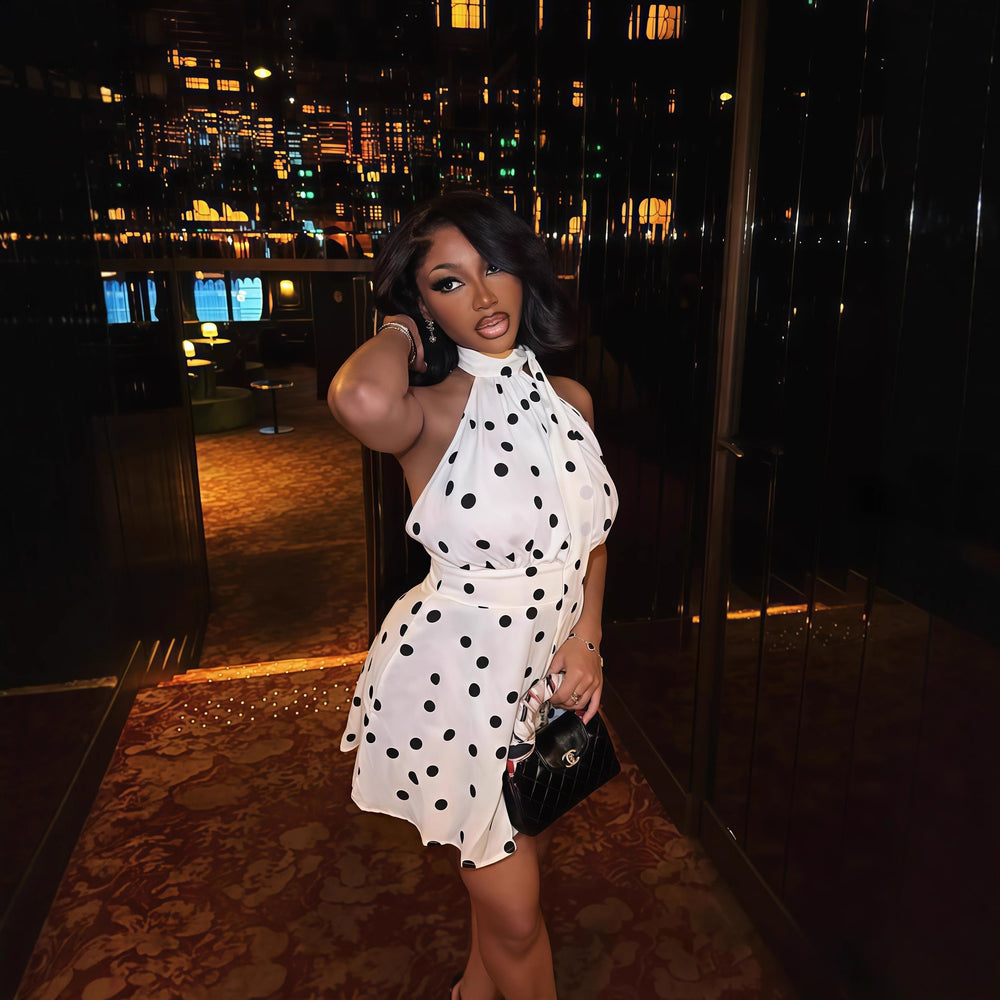 European and american cross-border women's fashion:  autumn new sleeveless halter neck backless polka dot print cinched waist mini dress