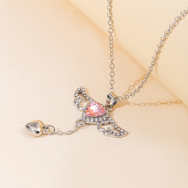 Wholesale alloy heart pendant - new cross-border fashion jewelry, versatile women's necklace with diamond-studded wings, alloy clavicle chain
