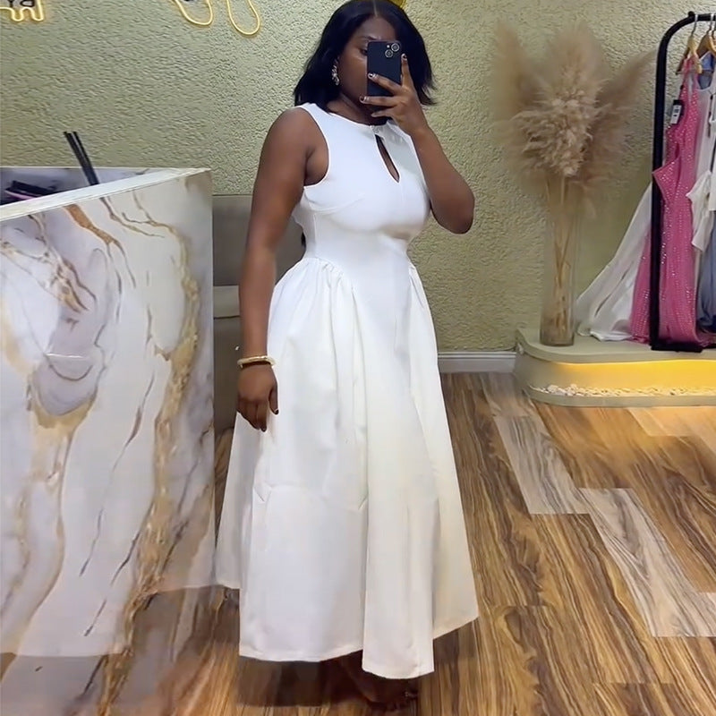 European and american cross-border women's fashion:  spring new arrival - elegant round neck, hollow-out sleeveless, white high-waisted slimming dress