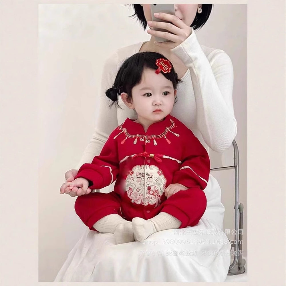 Spring & fall festive men's and women's 100-day first birthday khaki baby clothes chinoiserie formal wear one-piece baby onesie super