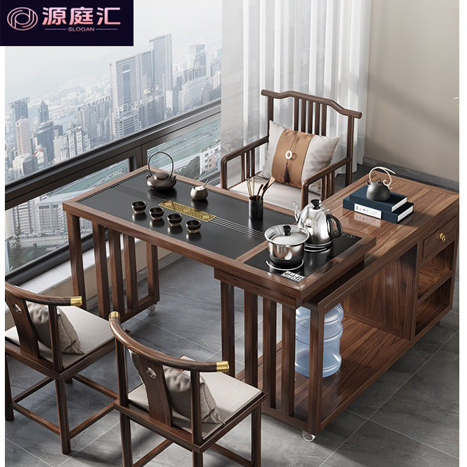 New chinoiserie solid wood tea table rotate table and chair complete set of water kettle all-in-one tea table balcony living room small apartment coffee table