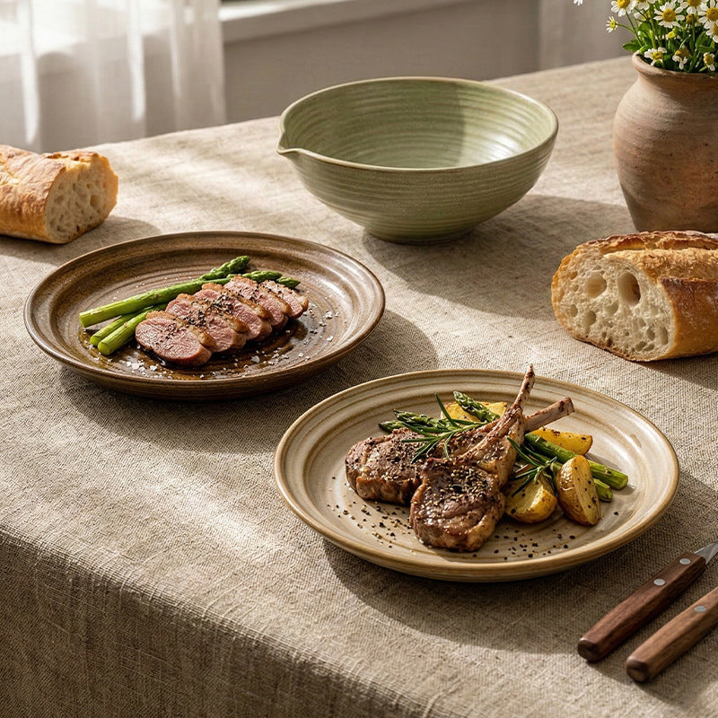 Japanese retro high-value ceramic steak plate, unique ceramic banquet kiln-change platter, dessert linear pattern dish