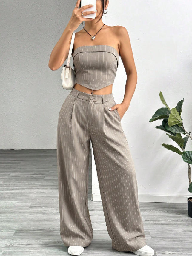 cross-border fashion shein women's striped strapless top and loose, slimming suit pant set