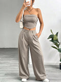 cross-border fashion shein women's striped strapless top and loose, slimming suit pant set