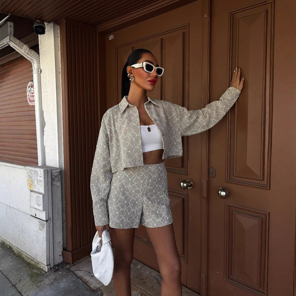 European and American sexy street printing hollow lapel long-sleeved shorts two-piece set open-button short shirt three-point pants set