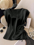 Amazon cross-border fashion independent station women's spring winter new arrival satin shirt v neck drawstring satin tops