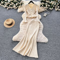 Rich girl style high-end mature woman set: women's autumn flared sleeve knit top + high-waisted fishtail midi skirt