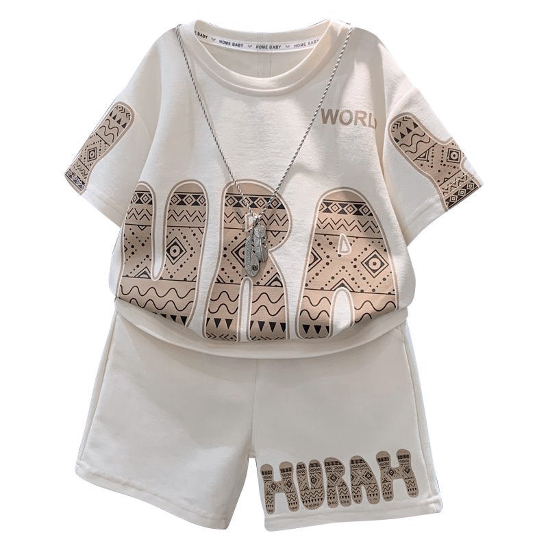 Boys' summer cool & stylish short-sleeve outfit:  new summer collection - trendy two-piece set for kids, featuring lettering and a casual, stylish look