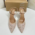 Za summer new women's shoes black shiny mesh sequin embroidery pearl full rhinestone high heel pointed toe slingback mules