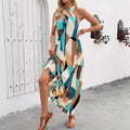 Amazon cross-border e-commerce women's casual vacation criss-cross tie neck loose a-line sleeveless maxi dress