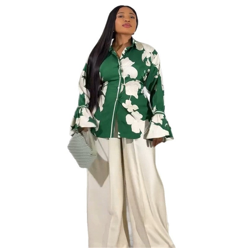 European and american style women's clothing  autumn new collection: sweet and fresh printed turn-down collar lantern sleeve blouse with high-waisted straight-leg pants two-piece set