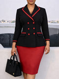 Professional commute suit dress set - color block, cinched waist, premium fabric two-piece set