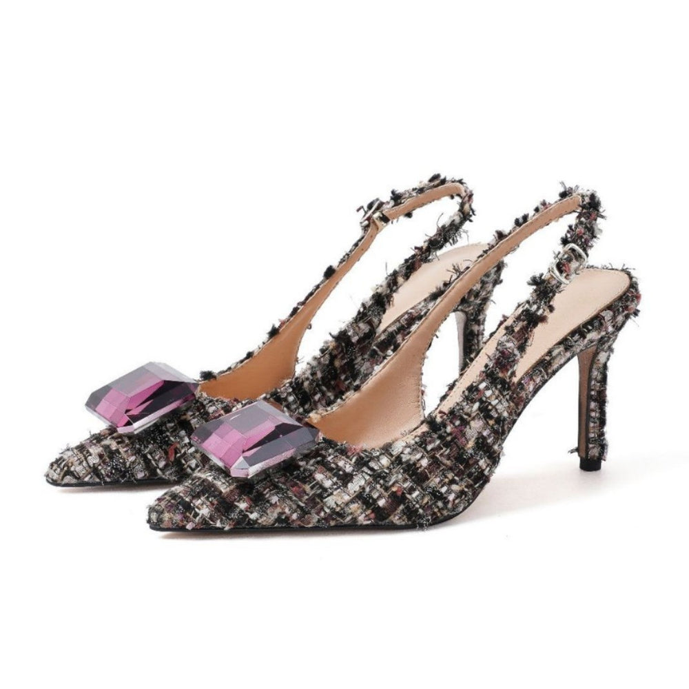 Yx stiletto heel french chic peep-toe sandals - women's 2026 autumn new collection - elegant pointed-toe slingbacks in tweed