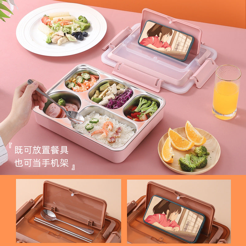 304 stainless steel divided lunch box - portable student bento box with lid, compartments, handle, insulated tray, and utensils