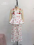girls' spring/summer new collection: pastoral style textured sleeve top with cute cherry design + refreshing wide-leg pants two-piece set