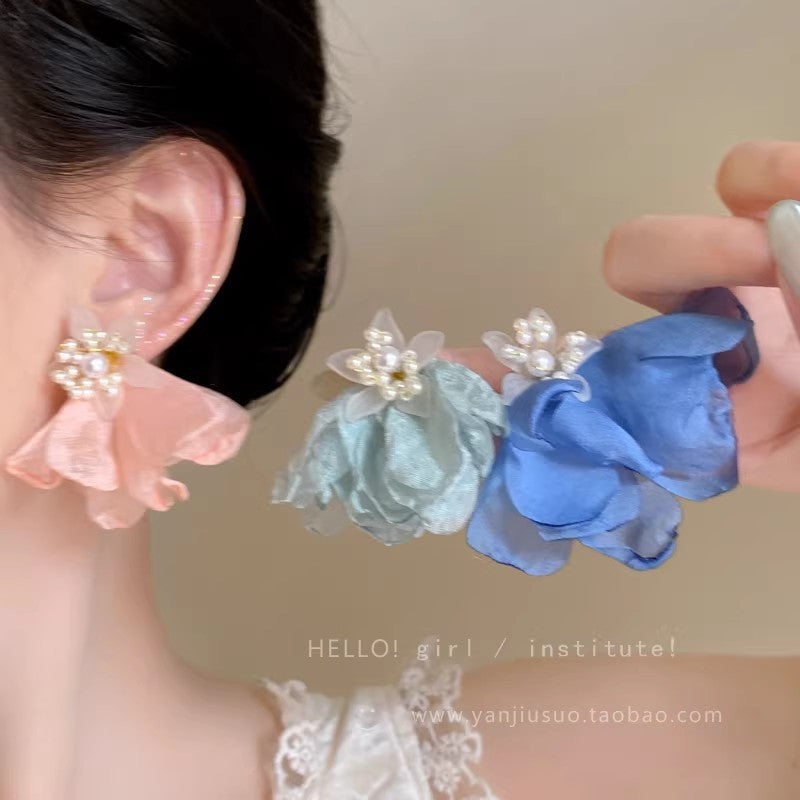 Spring floral chiffon mesh blue flower earrings - ethereal, sweet, and dopamine-boosting studs for women