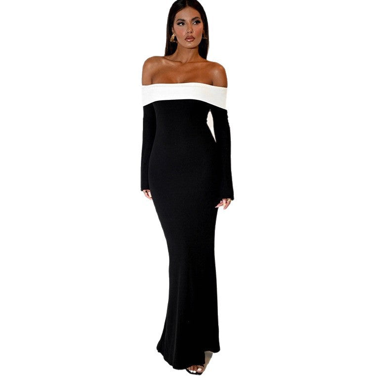 Exportfashion style winternew arrival women's fashioncontrast color one shoulder silmlong sleeves hip-covering mermaiddress women