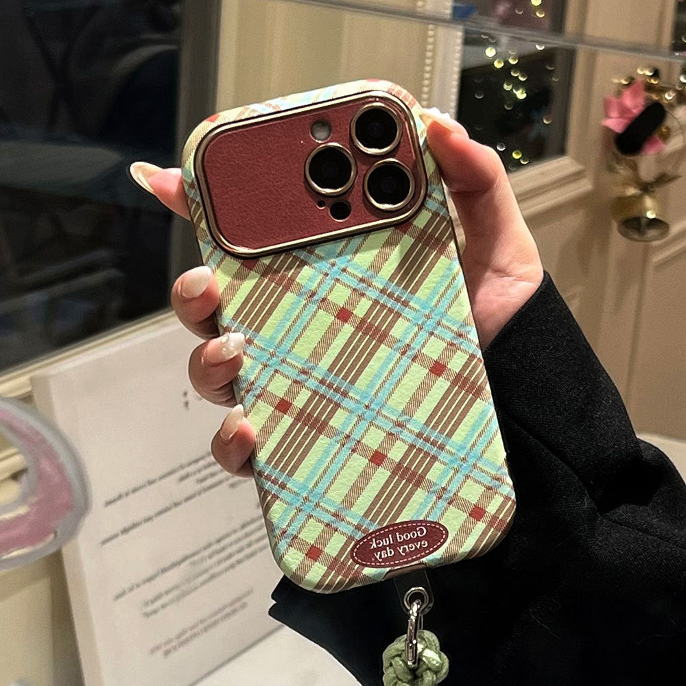 Green and brown plaid lambskin iphone 16 case with large window, iphone 17 pro max drop-proof phone case