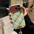 Green and brown plaid lambskin iphone 16 case with large window, iphone 17 pro max drop-proof phone case