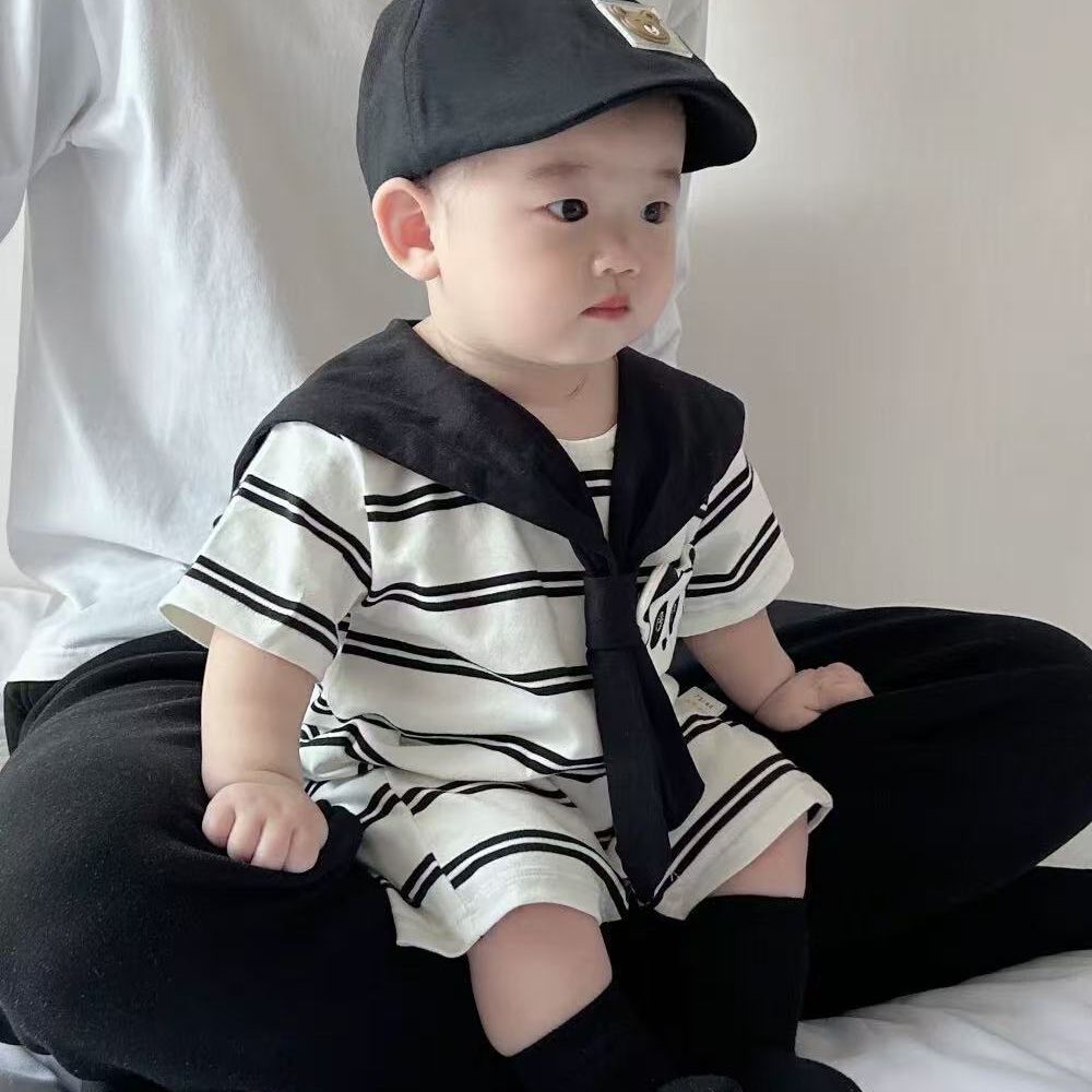 Newborn summer baby short-sleeve romper - cute cartoon design, lightweight outerwear, perfect for full month celebration, adorable summer outfit, snap-crotch bodysuit
