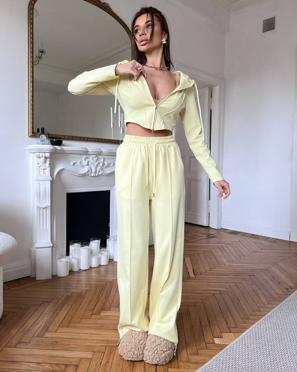 European and American  casual women's suit solid color long-sleeved waist sexy zipper cardigan lace-up trousers two-piece set