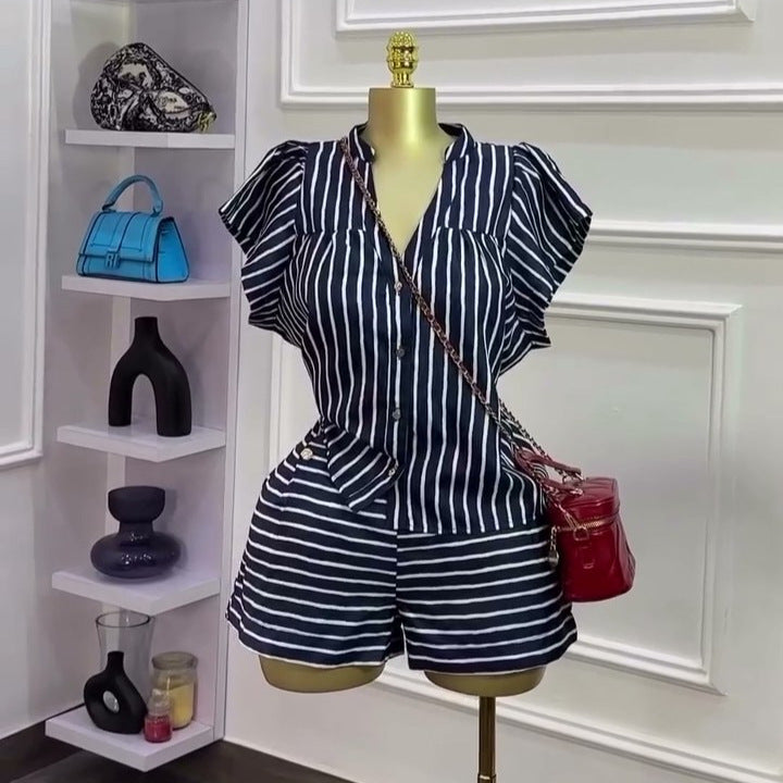European and american cross-border women's fashion:  summer new arrival - chic v-neck striped short-sleeve shirt and high-waisted shorts set