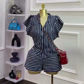 European and american cross-border women's fashion:  summer new arrival - chic v-neck striped short-sleeve shirt and high-waisted shorts set
