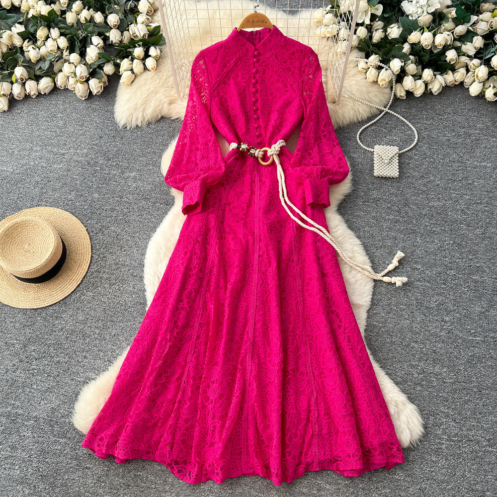 French chic red lace cutout dress - women's spring long sleeve a-line midi dress - slim fit, waist defining, perfect for work