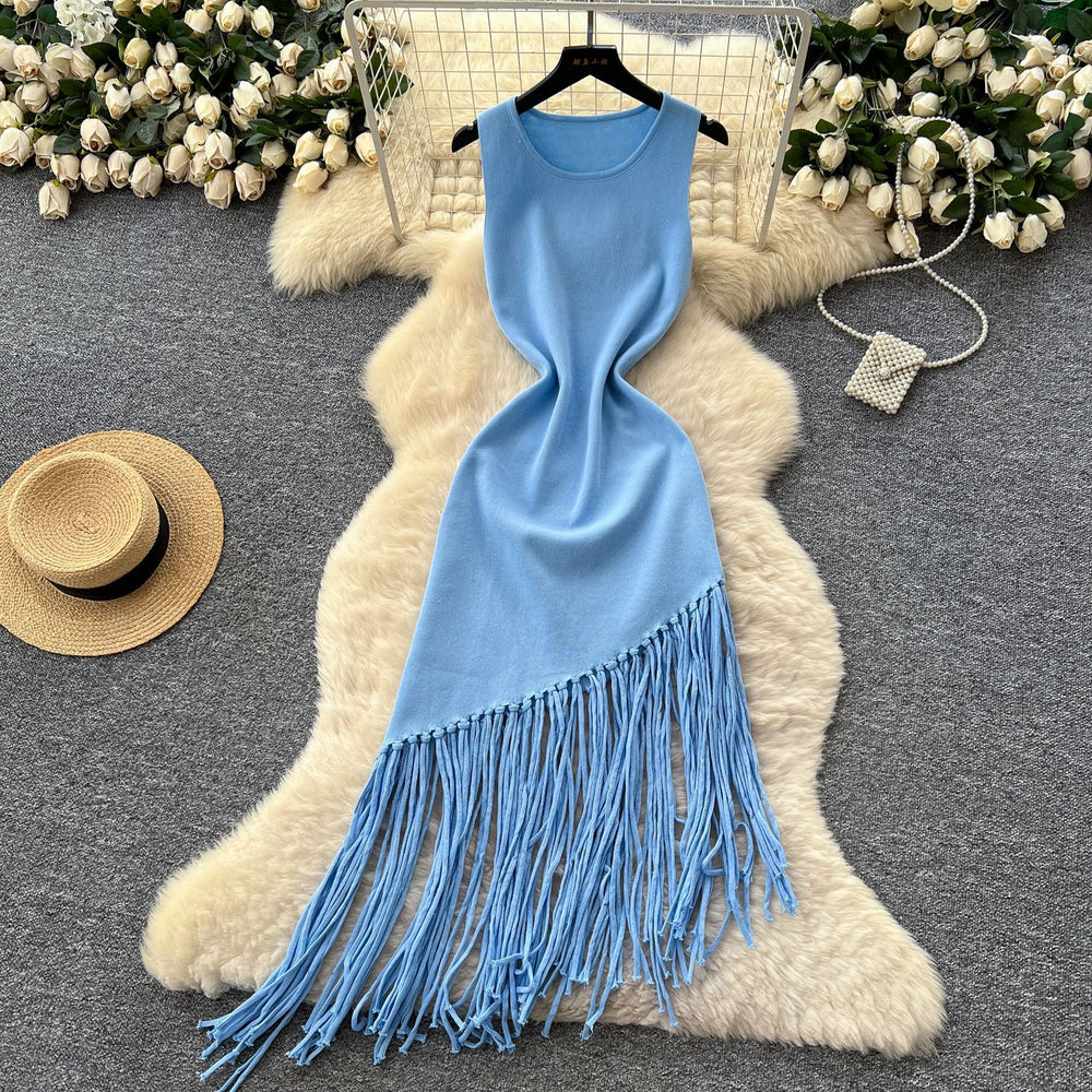 new european and american  cross-border e-commerce women's sleeveless slim-fit tassel french summer cinched waist maxi dress