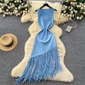 new european and american  cross-border e-commerce women's sleeveless slim-fit tassel french summer cinched waist maxi dress