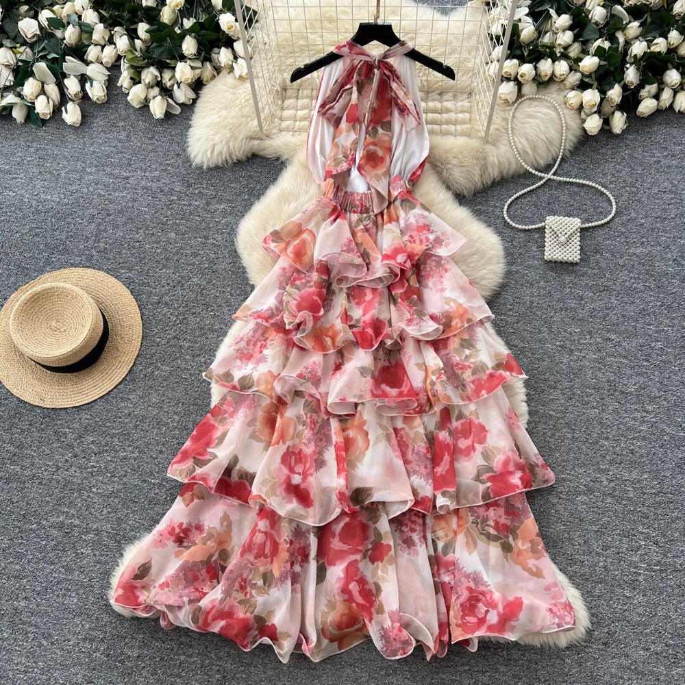 Frenchromantic style v neckhalter floral dress women's summer sleeveless backless layered ruffles cake skirt slimming look